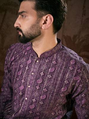 Men purple silk blend ethnic motifs printed straight kurta 2