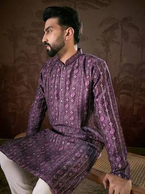 Men purple silk blend ethnic motifs printed straight kurta 3