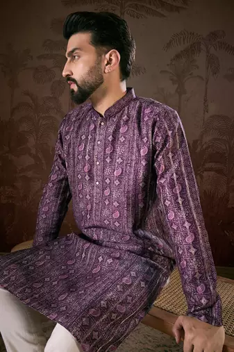Men purple silk blend ethnic motifs printed straight kurta