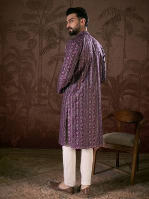 Men purple silk blend ethnic motifs printed straight kurta 4