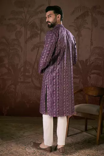 Men purple silk blend ethnic motifs printed straight kurta