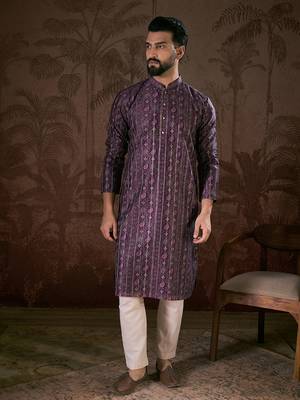 Men purple silk blend ethnic motifs printed straight kurta 5