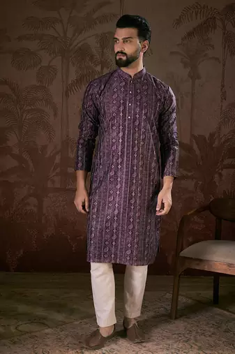 Men purple silk blend ethnic motifs printed straight kurta