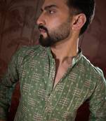 Men green silk blend ethnic motifs printed straight kurta