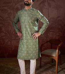 Men green silk blend ethnic motifs printed straight kurta