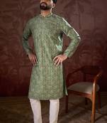Men green silk blend ethnic motifs printed straight kurta