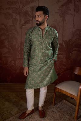 Men green silk blend ethnic motifs printed straight kurta 5