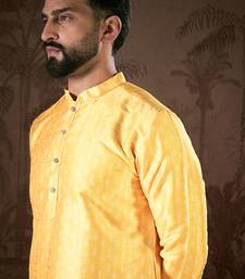 Men yellow silk blend ethnic motifs printed straight kurta