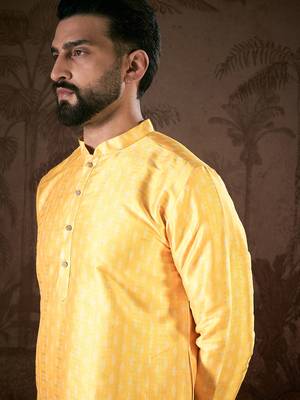 Men yellow silk blend ethnic motifs printed straight kurta 2