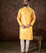 Men yellow silk blend ethnic motifs printed straight kurta