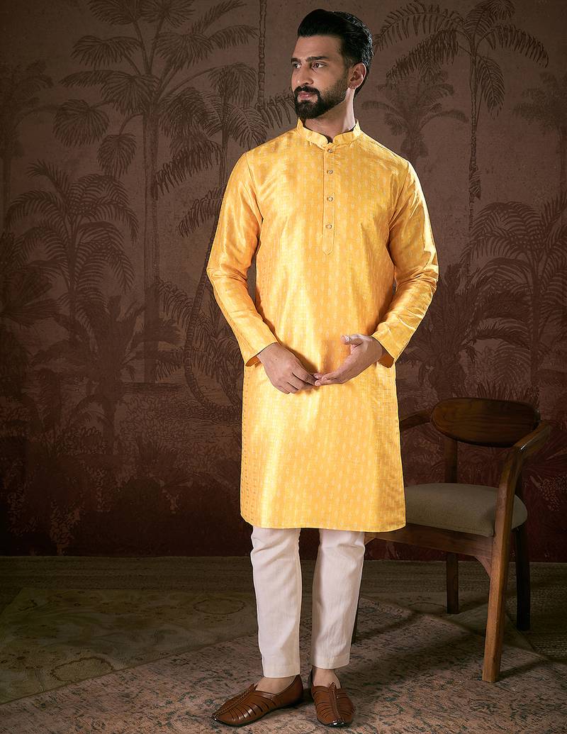 Men yellow silk blend ethnic motifs printed straight kurta