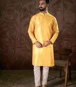 Men yellow silk blend ethnic motifs printed straight kurta