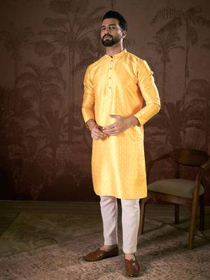 Men yellow silk blend ethnic motifs printed straight kurta 4