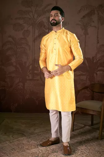 Men yellow silk blend ethnic motifs printed straight kurta