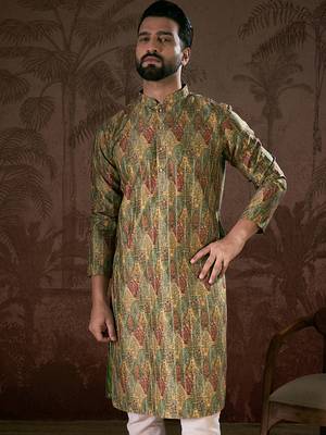 Men green silk blend floral printed straight kurta 1