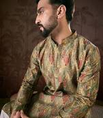 Men green silk blend floral printed straight kurta