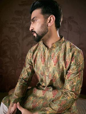 Men green silk blend floral printed straight kurta 2