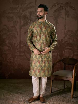 Men green silk blend floral printed straight kurta 3