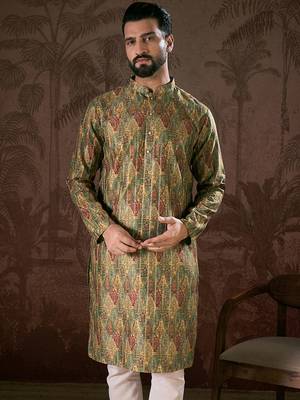 Men green silk blend floral printed straight kurta 5