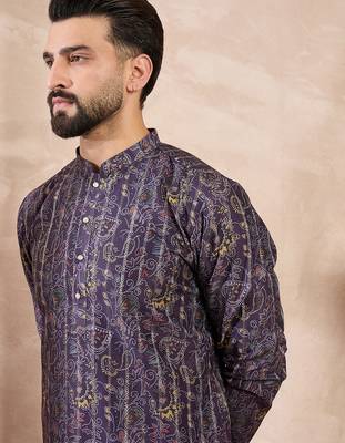 Men violet silk blend ethnic motifs printed straight kurta 2