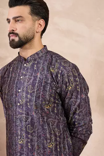 Men violet silk blend ethnic motifs printed straight kurta