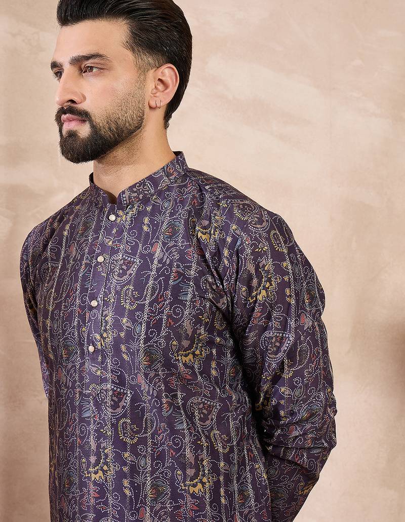 Men violet silk blend ethnic motifs printed straight kurta