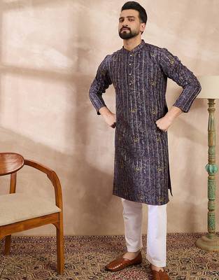 Men violet silk blend ethnic motifs printed straight kurta 1