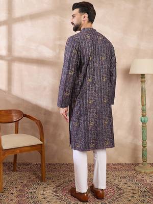 Men violet silk blend ethnic motifs printed straight kurta 4