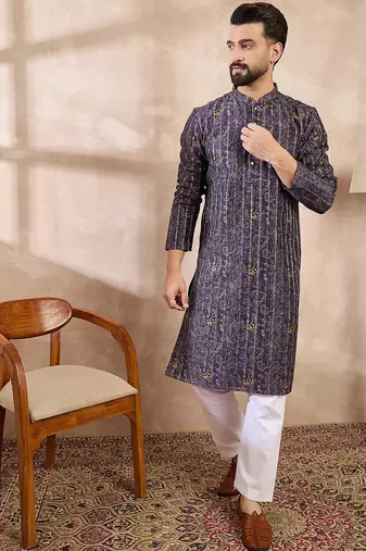 Men violet silk blend ethnic motifs printed straight kurta