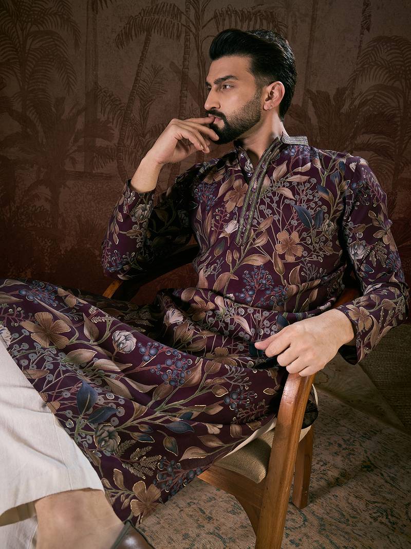 Men purple silk blend floral printed straight kurta