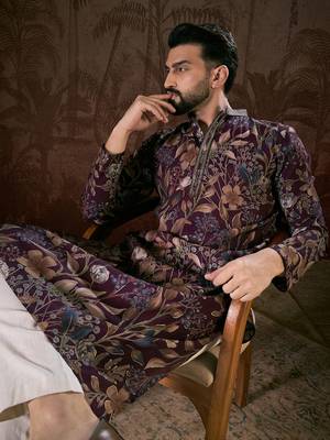 Men purple silk blend floral printed straight kurta 1