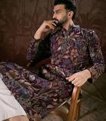 Men purple silk blend floral printed straight kurta