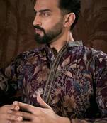 Men purple silk blend floral printed straight kurta