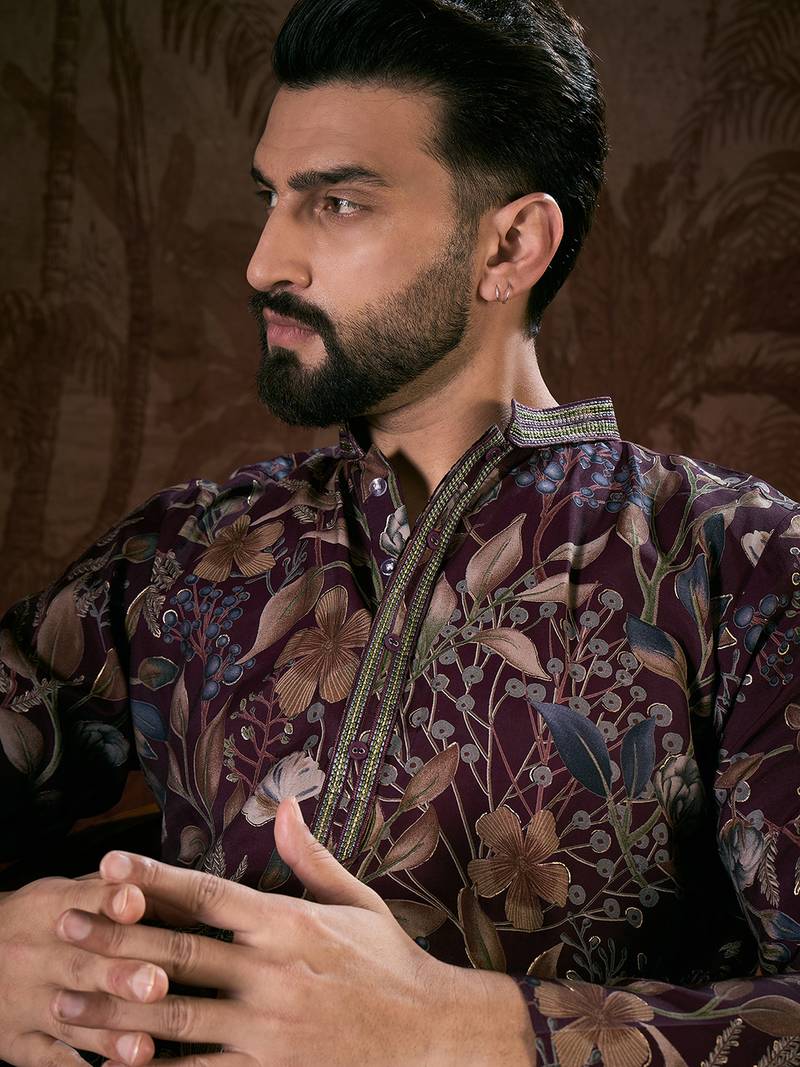 Men purple silk blend floral printed straight kurta