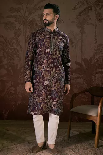 Men purple silk blend floral printed straight kurta