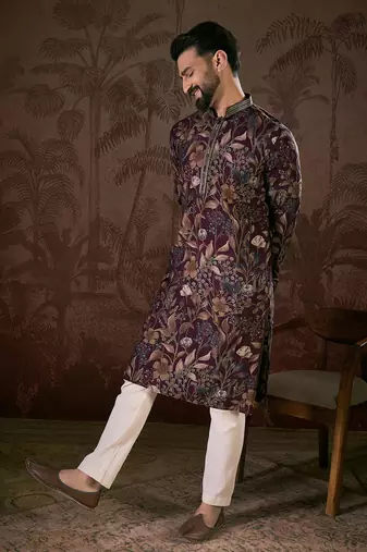 Men purple silk blend floral printed straight kurta
