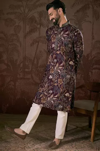 Men purple silk blend floral printed straight kurta