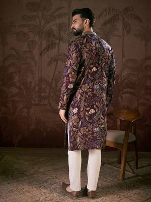 Men purple silk blend floral printed straight kurta 4