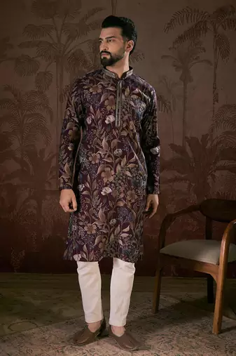 Men purple silk blend floral printed straight kurta