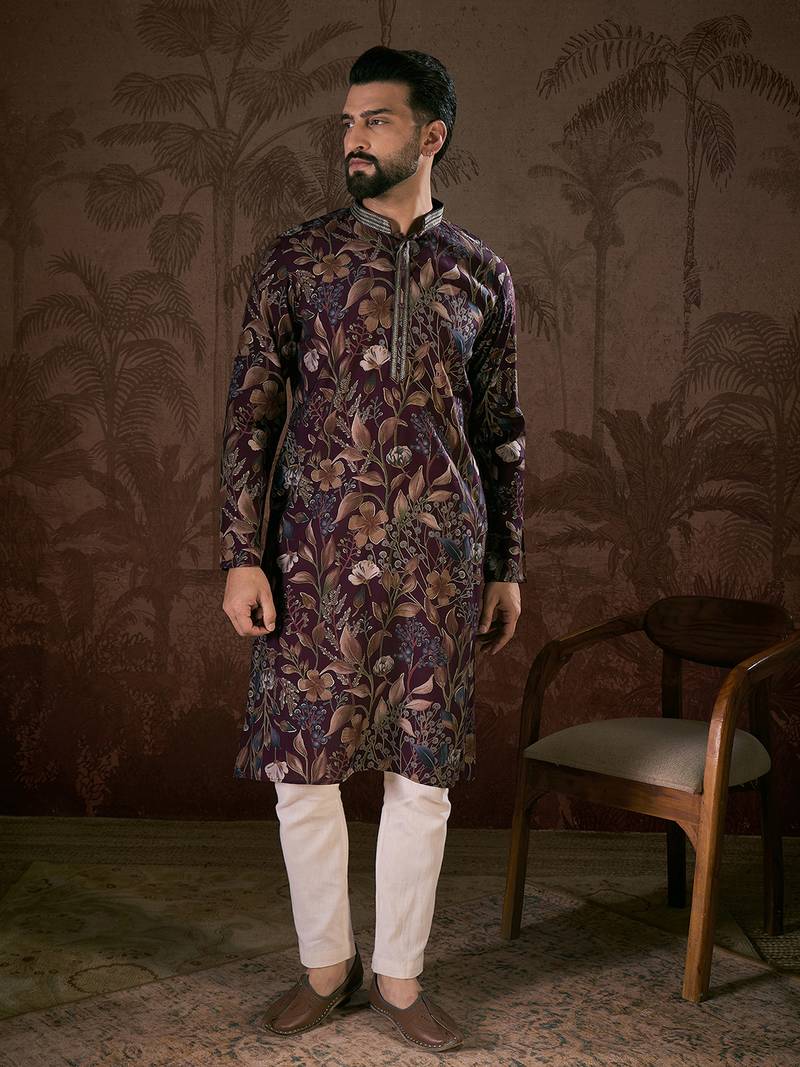 Men purple silk blend floral printed straight kurta