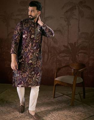 Men purple silk blend floral printed straight kurta 5