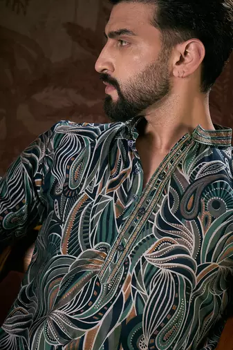 Men navy blue silk blend abstract printed straight kurta