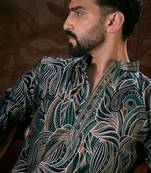 Men navy blue silk blend abstract printed straight kurta