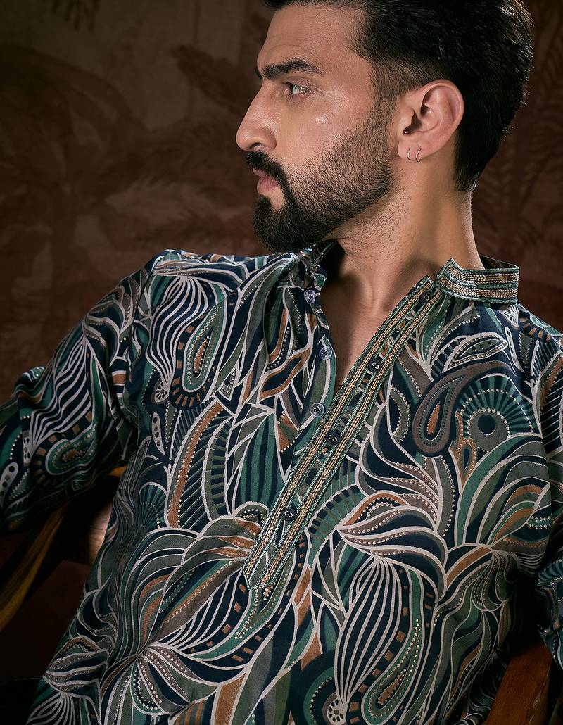 Men navy blue silk blend abstract printed straight kurta