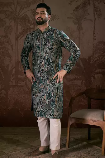 Men navy blue silk blend abstract printed straight kurta