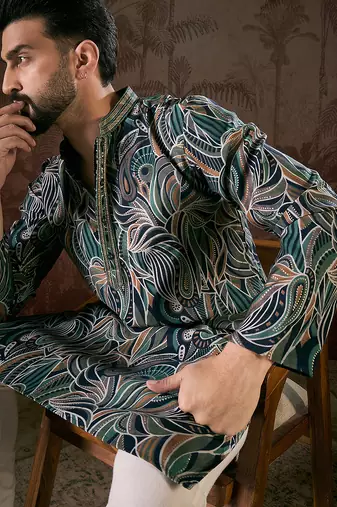 Men navy blue silk blend abstract printed straight kurta