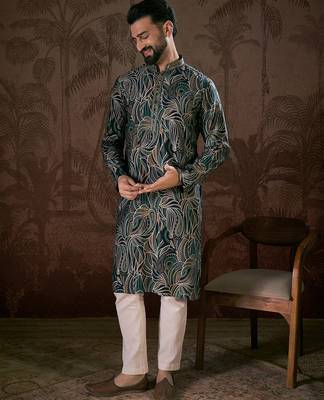 Men navy blue silk blend abstract printed straight kurta 5