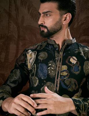 Men black silk blend floral printed straight kurta 1
