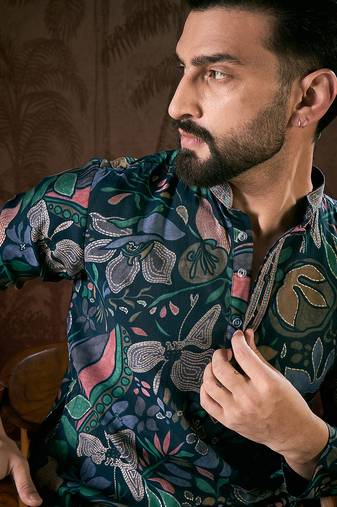 Men blue silk blend floral printed straight kurta