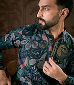 Men blue silk blend floral printed straight kurta